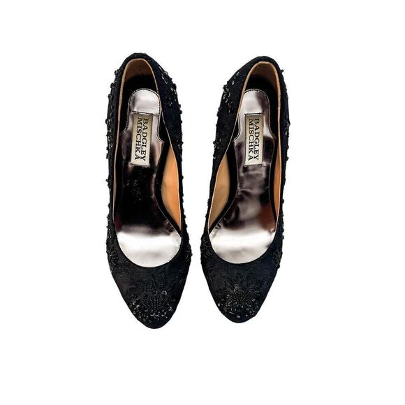Badgley Mischka Black Satin Round Toe Beaded Pump Heel Size 6.5 - Picture 1 of 7